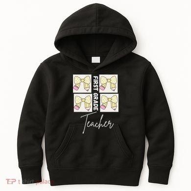 First Grade Teacher Checkered Grid Coquette Bow Kids Hoodie