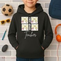 First Grade Teacher Checkered Grid Coquette Bow Kids Hoodie thumb 2