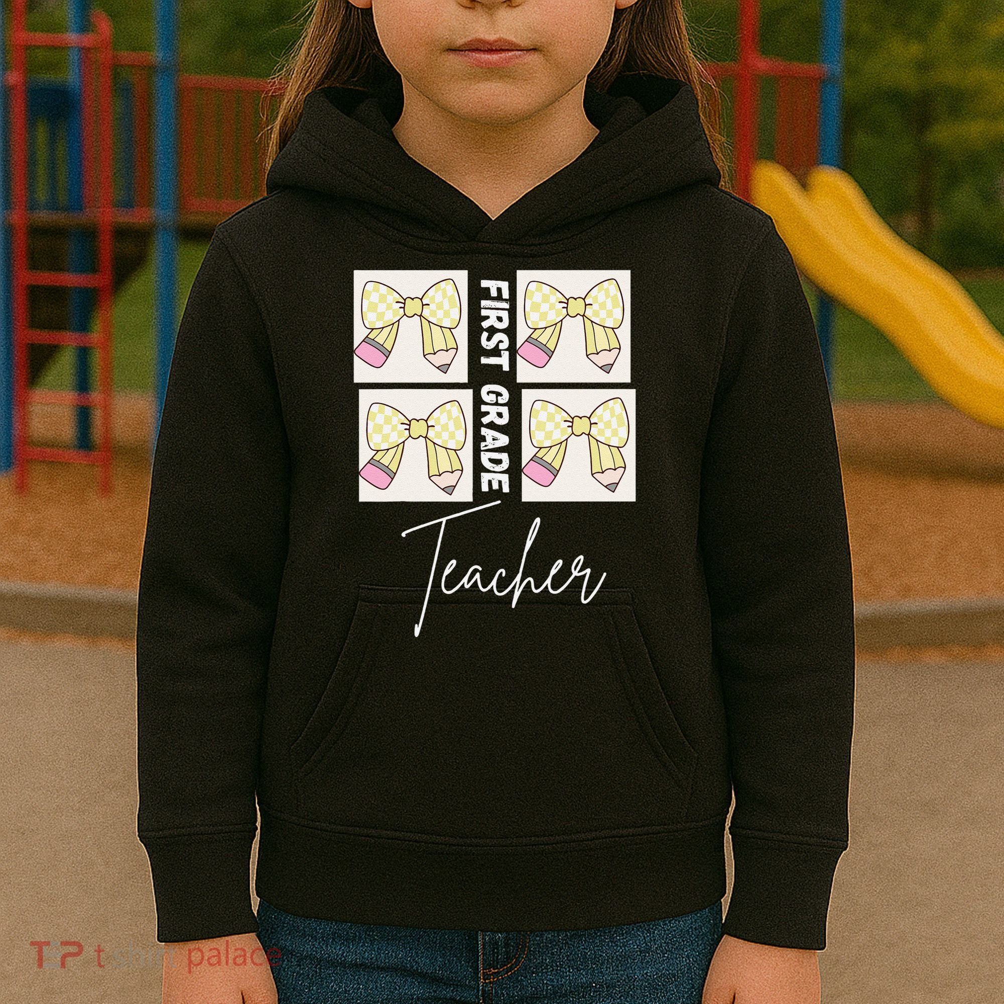 First Grade Teacher Checkered Grid Coquette Bow Kids Hoodie