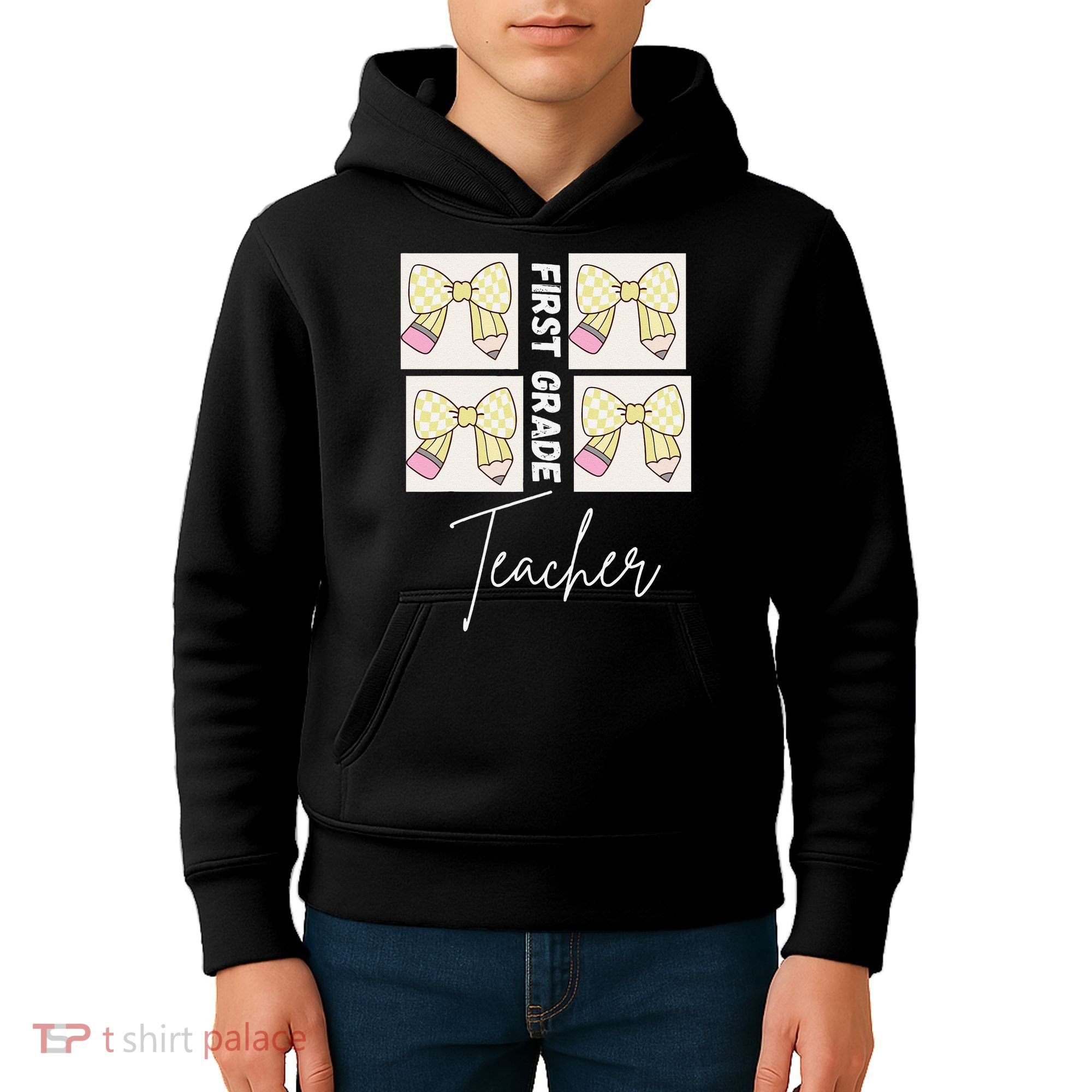 First Grade Teacher Checkered Grid Coquette Bow Kids Hoodie