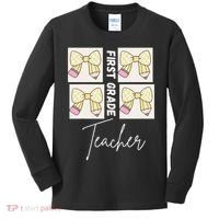 First Grade Teacher Checkered Grid Coquette Bow Kids Long Sleeve Shirt thumb 0