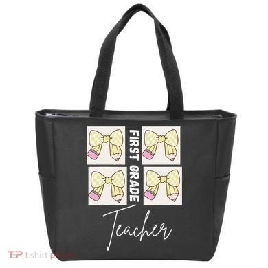 First Grade Teacher Checkered Grid Coquette Bow Tote Bag