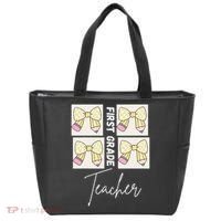 First Grade Teacher Checkered Grid Coquette Bow Tote Bag thumb 0