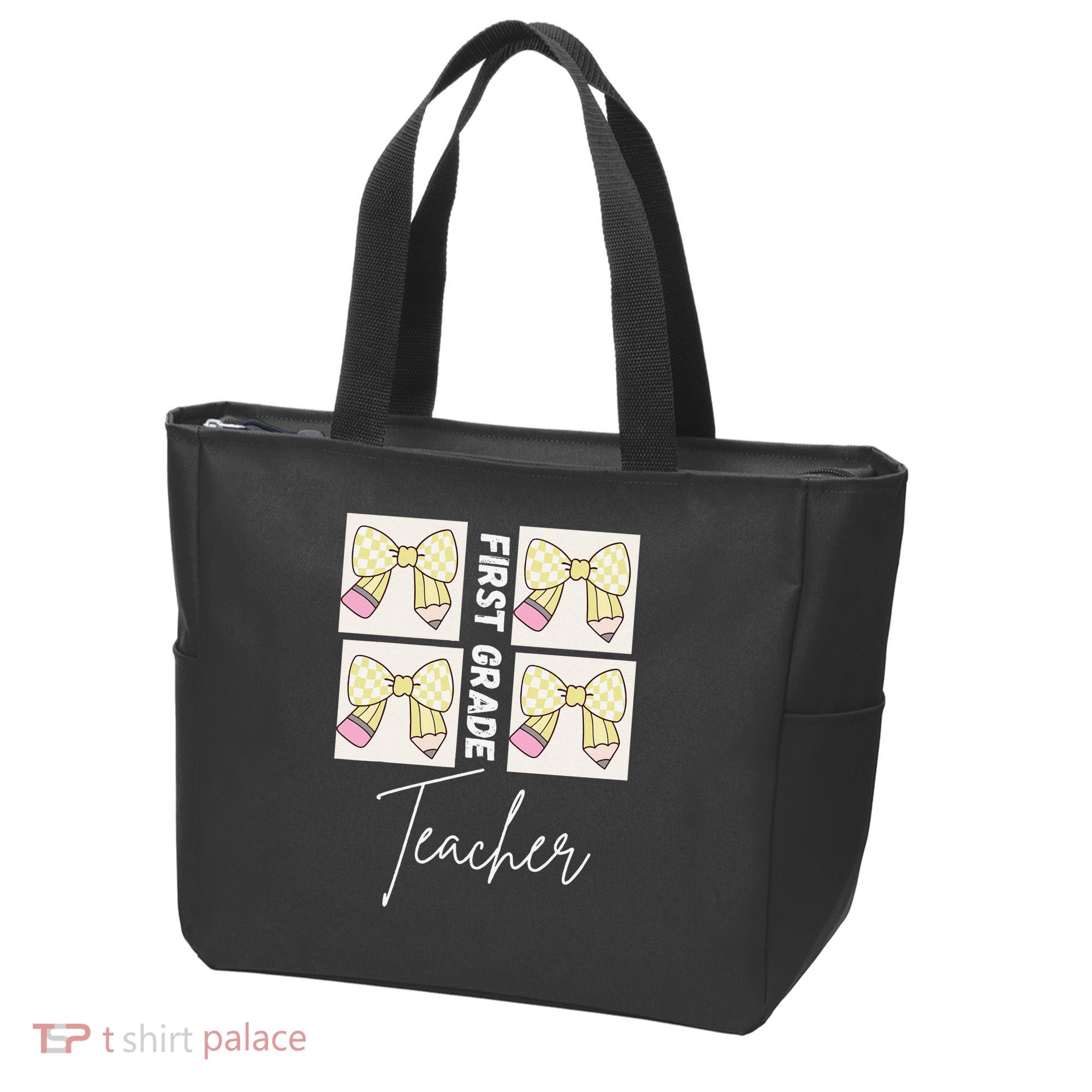 First Grade Teacher Checkered Grid Coquette Bow Tote Bag