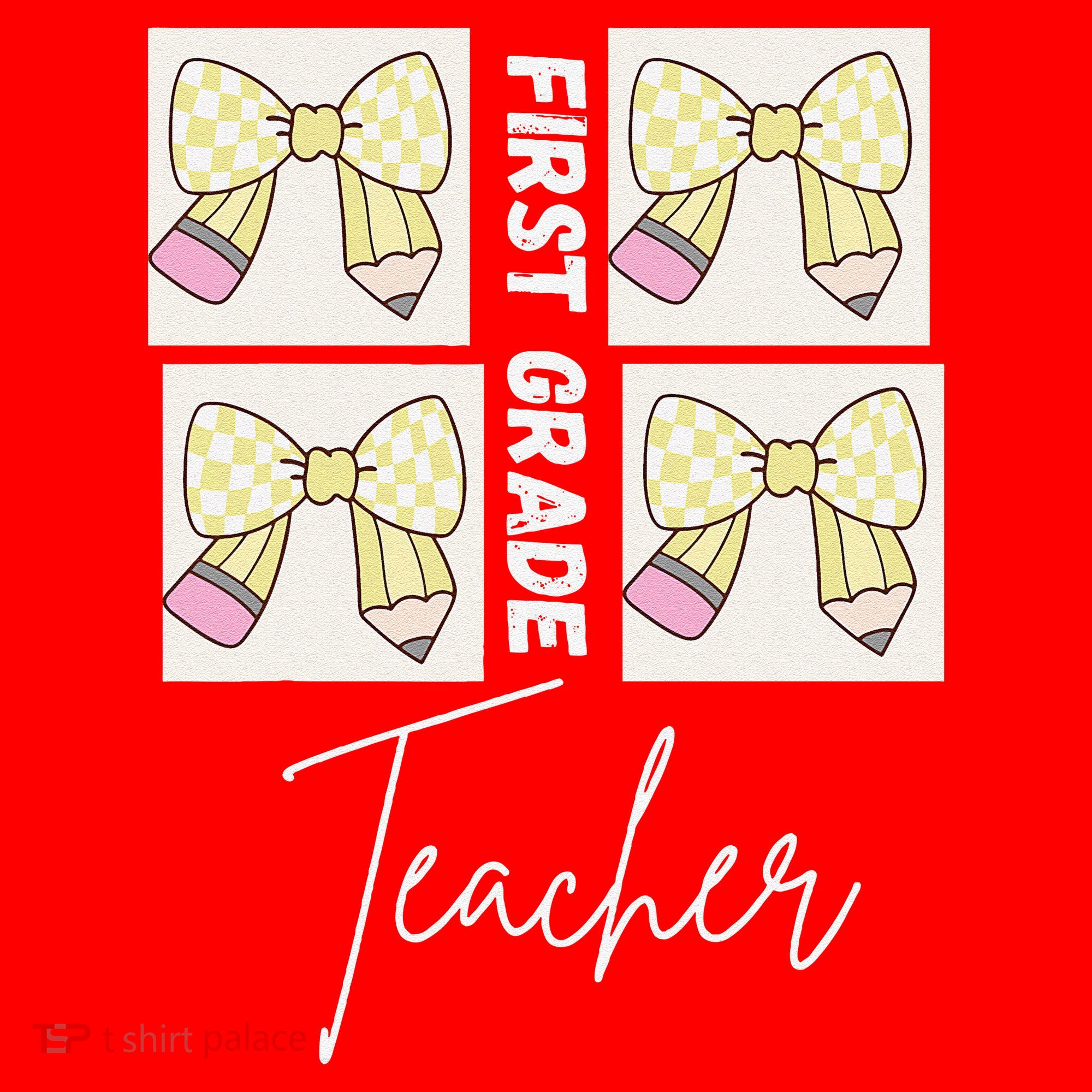 First Grade Teacher Checkered Grid Coquette Bow Santa Hat