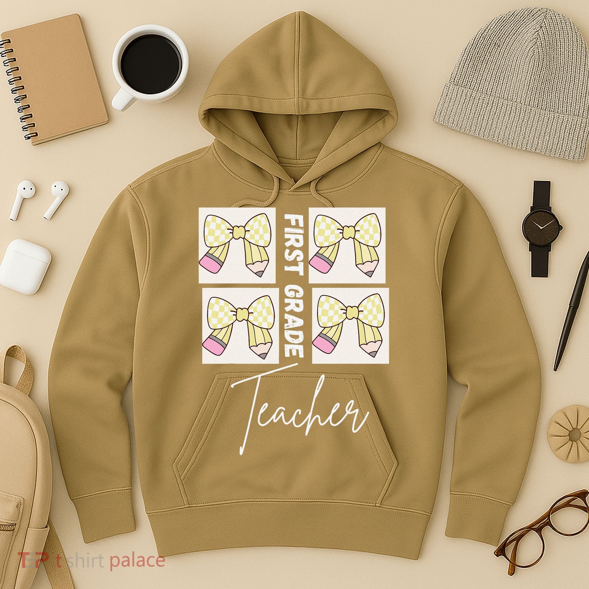 First Grade Teacher Checkered Grid Coquette Bow Hoodie