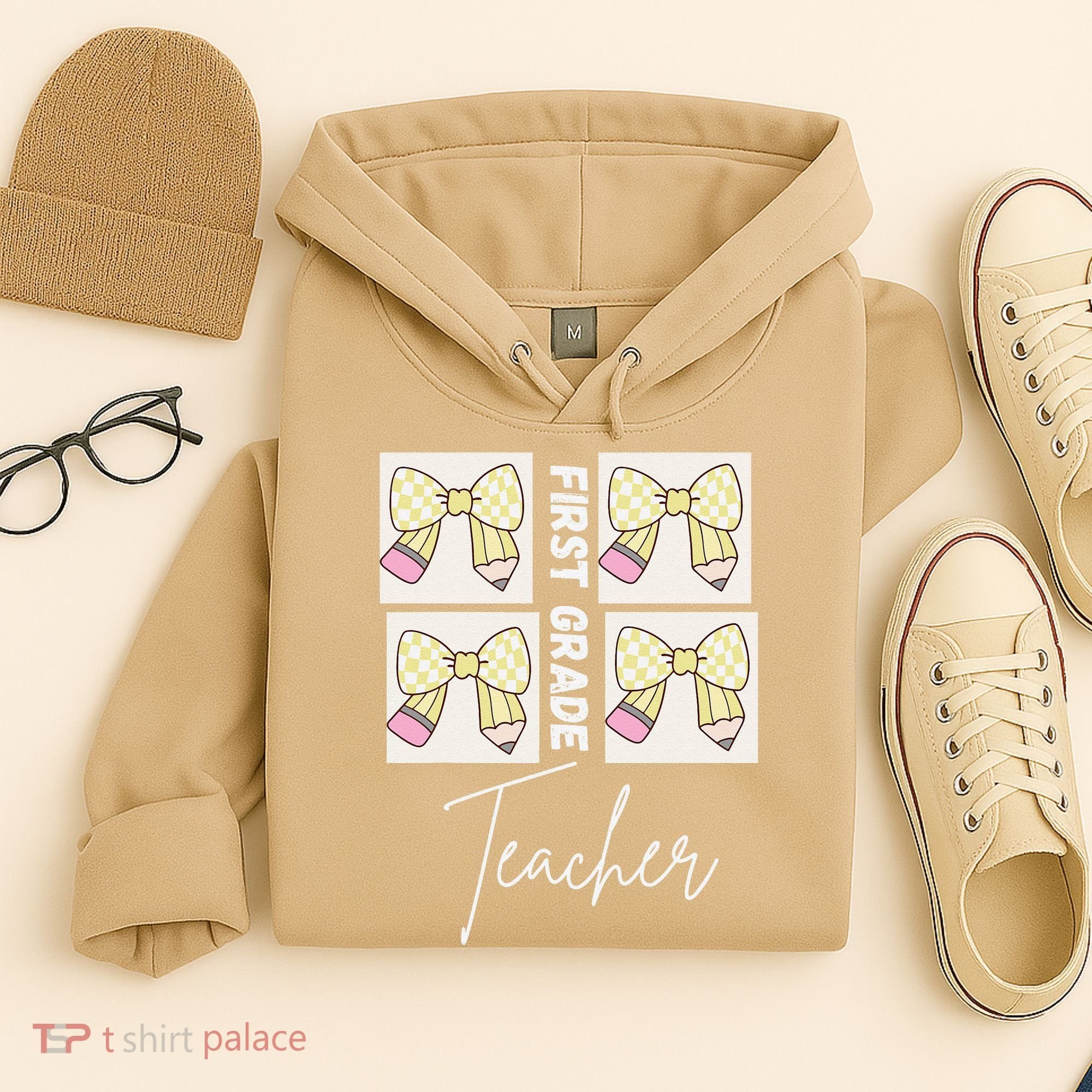 First Grade Teacher Checkered Grid Coquette Bow Hoodie