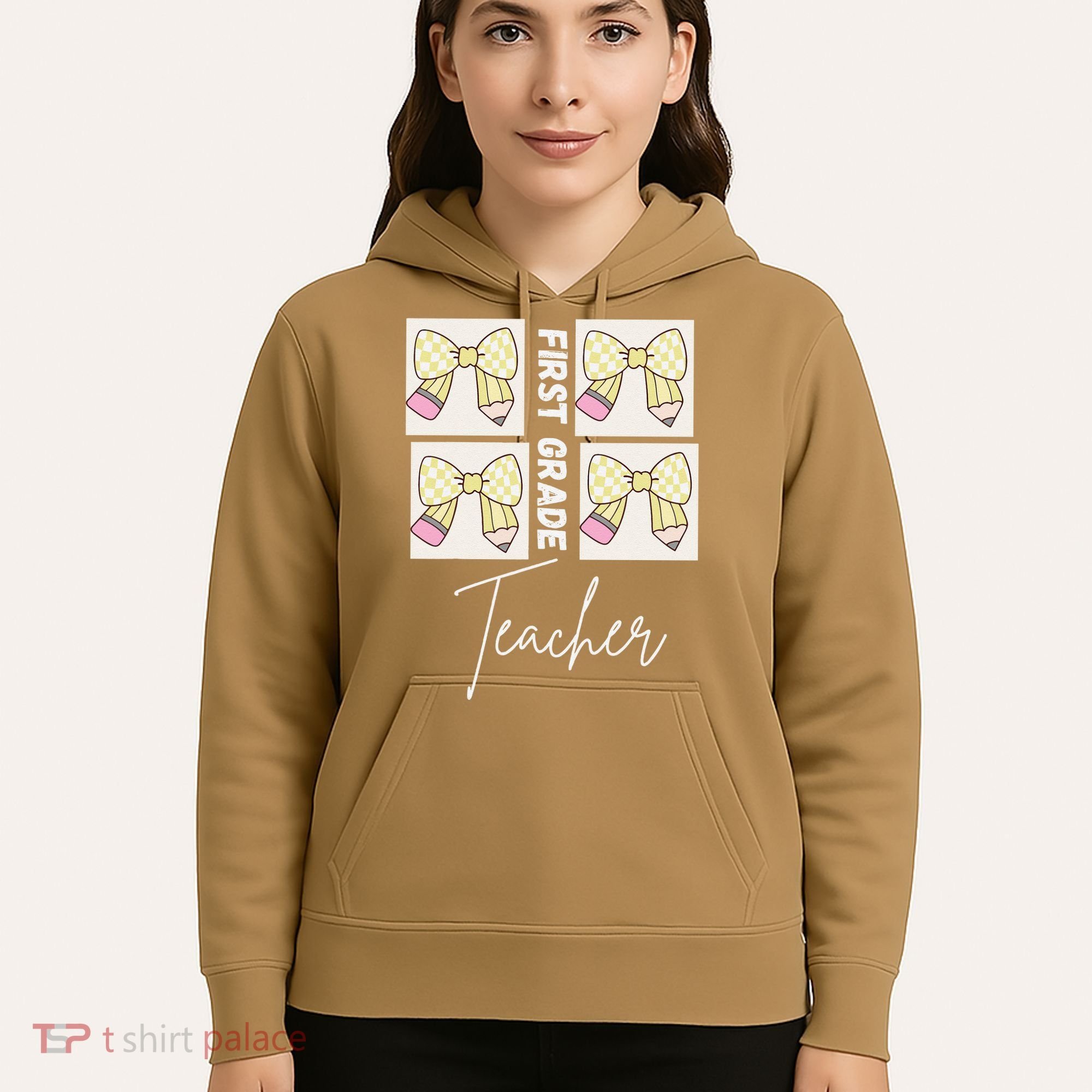 First Grade Teacher Checkered Grid Coquette Bow Hoodie