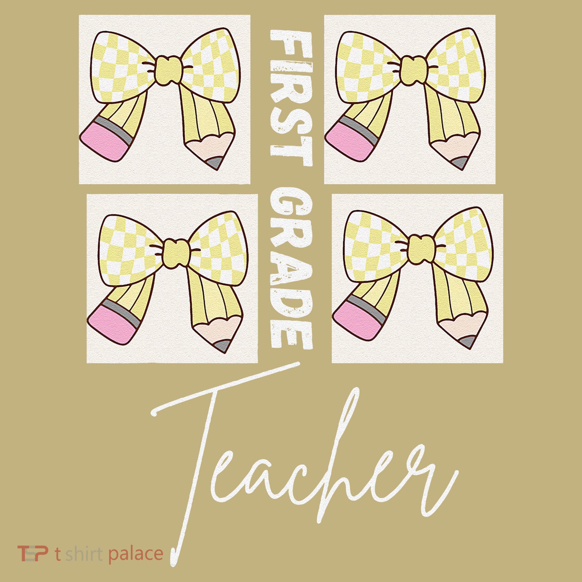 First Grade Teacher Checkered Grid Coquette Bow Hoodie