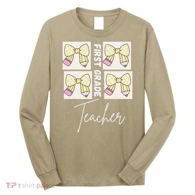 First Grade Teacher Checkered Grid Coquette Bow Long Sleeve Shirt