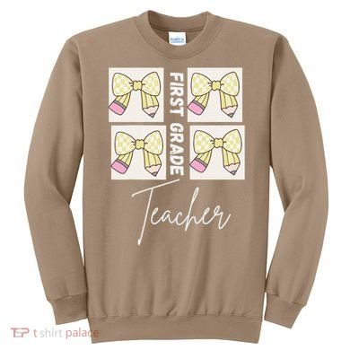 First Grade Teacher Checkered Grid Coquette Bow Sweatshirt
