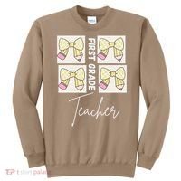 First Grade Teacher Checkered Grid Coquette Bow Sweatshirt thumb 0