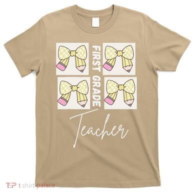 First Grade Teacher Checkered Grid Coquette Bow T-Shirt
