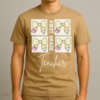 First Grade Teacher Checkered Grid Coquette Bow T-Shirt thumb 3