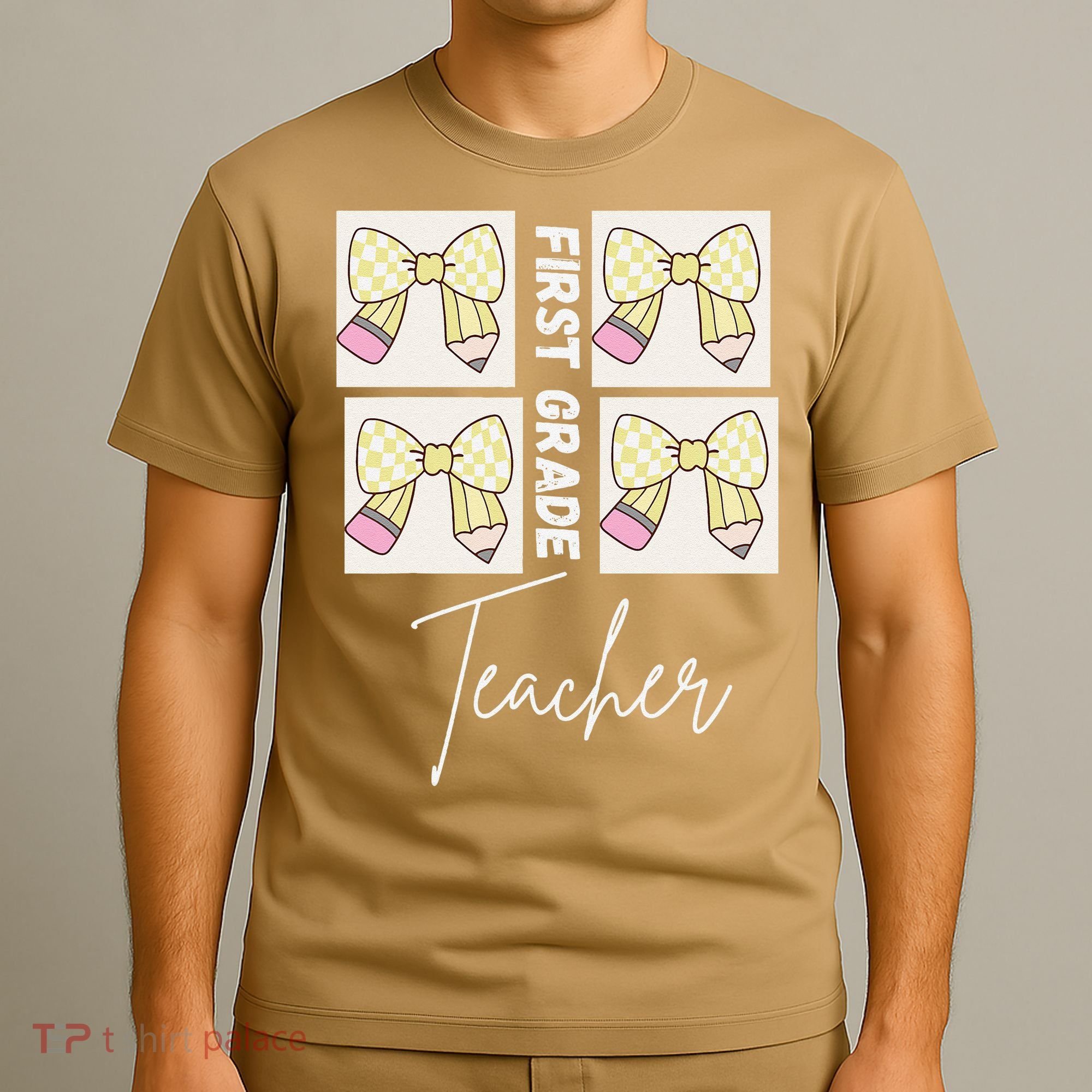 First Grade Teacher Checkered Grid Coquette Bow T-Shirt