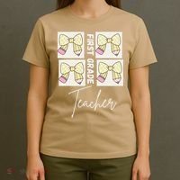 First Grade Teacher Checkered Grid Coquette Bow T-Shirt thumb 4