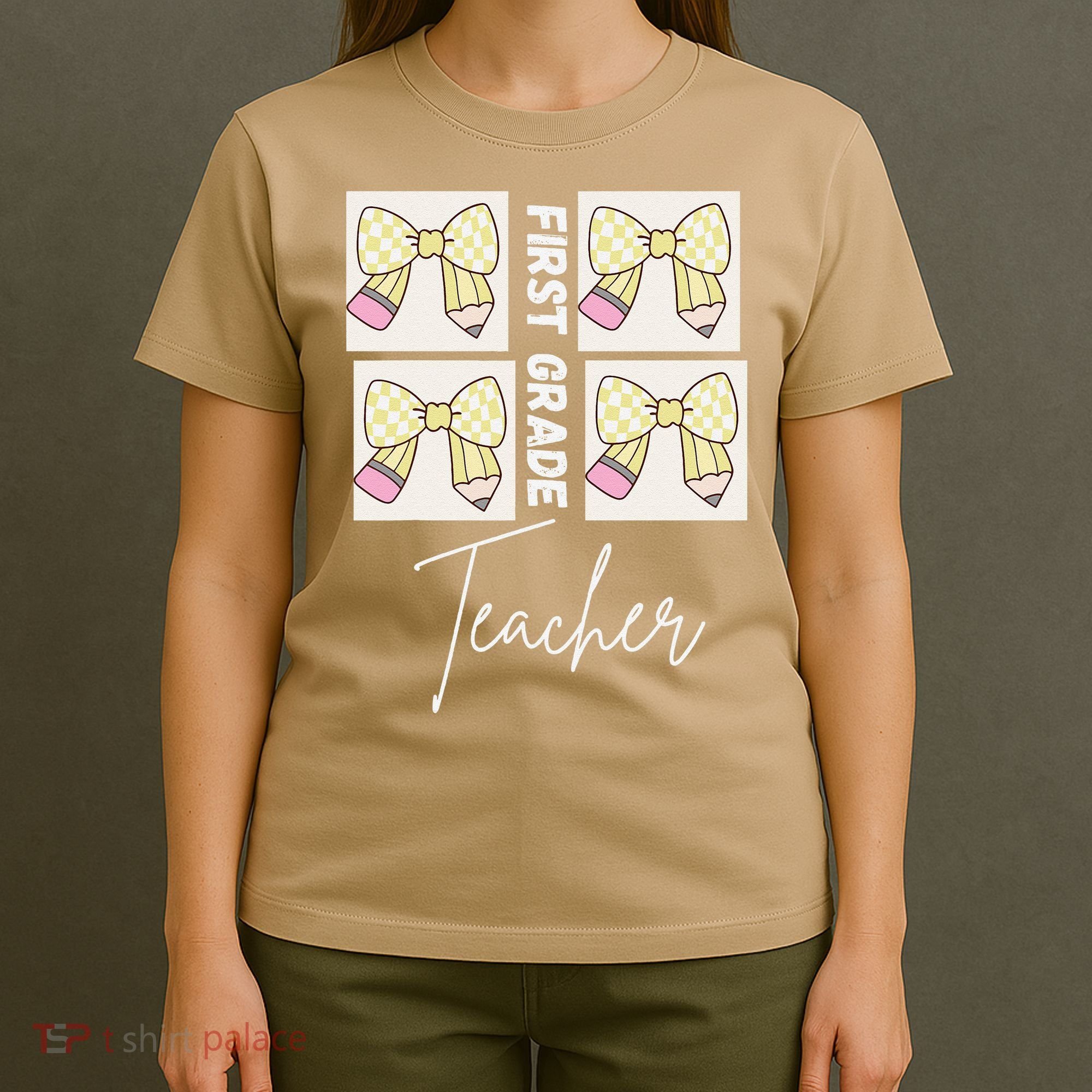 First Grade Teacher Checkered Grid Coquette Bow T-Shirt