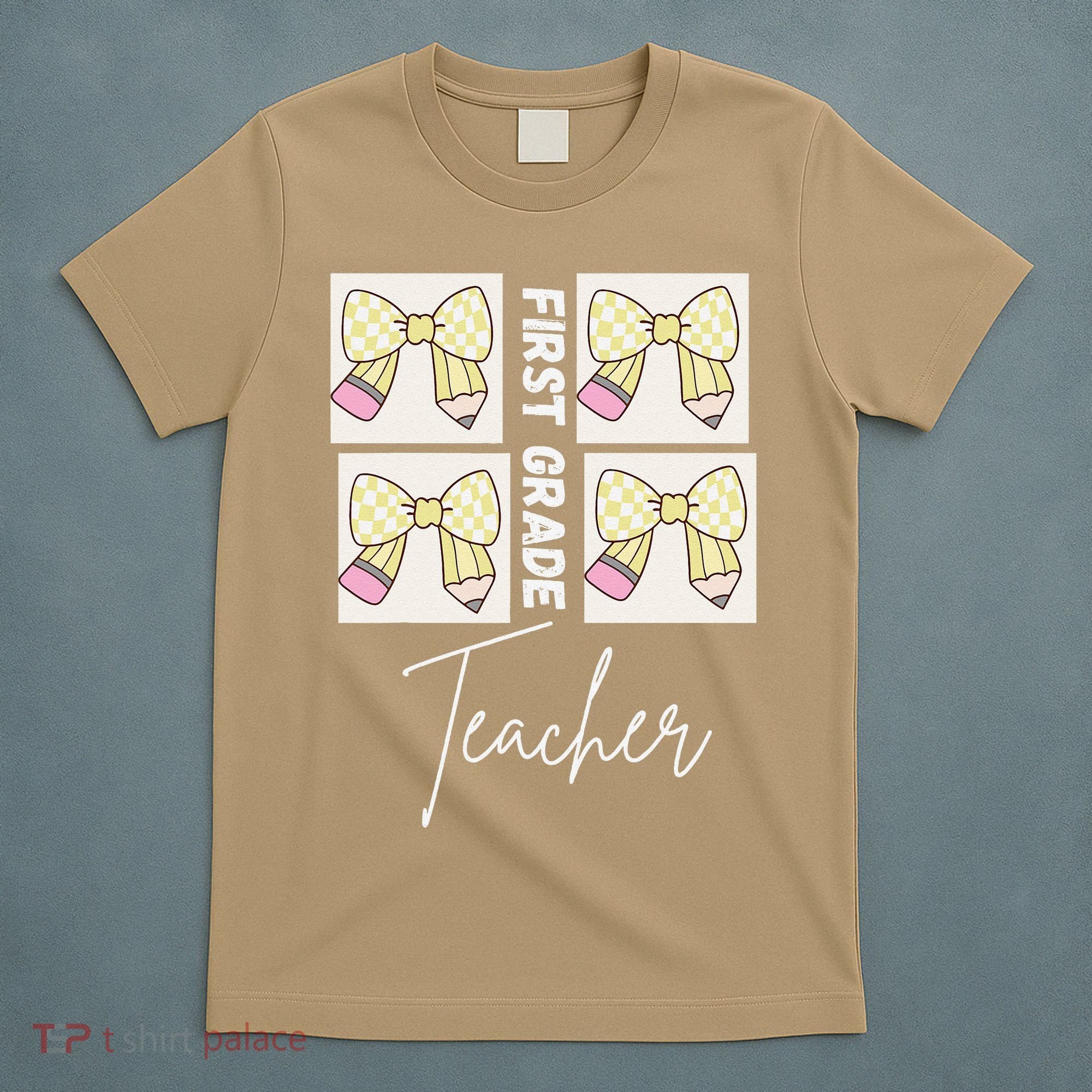First Grade Teacher Checkered Grid Coquette Bow T-Shirt