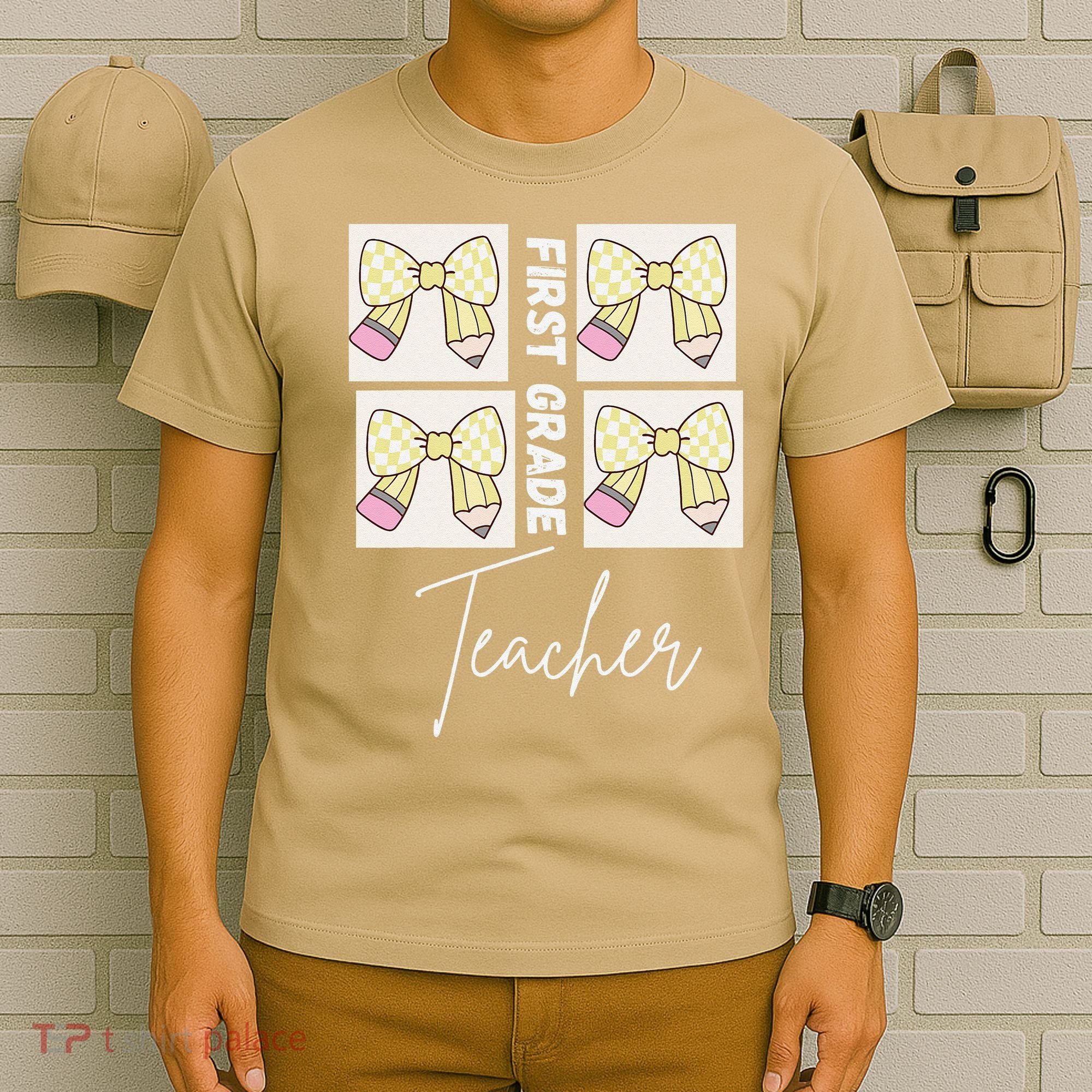 First Grade Teacher Checkered Grid Coquette Bow T-Shirt