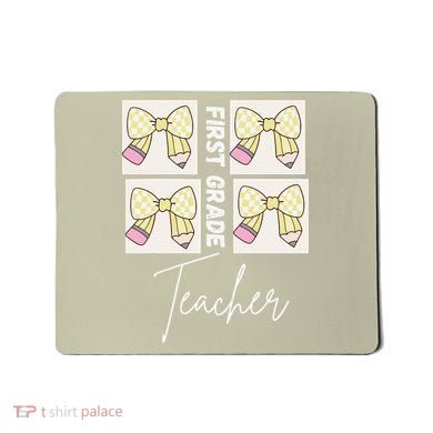 First Grade Teacher Checkered Grid Coquette Bow Mousepad