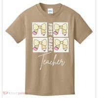 First Grade Teacher Checkered Grid Coquette Bow Kids T-Shirt thumb 0