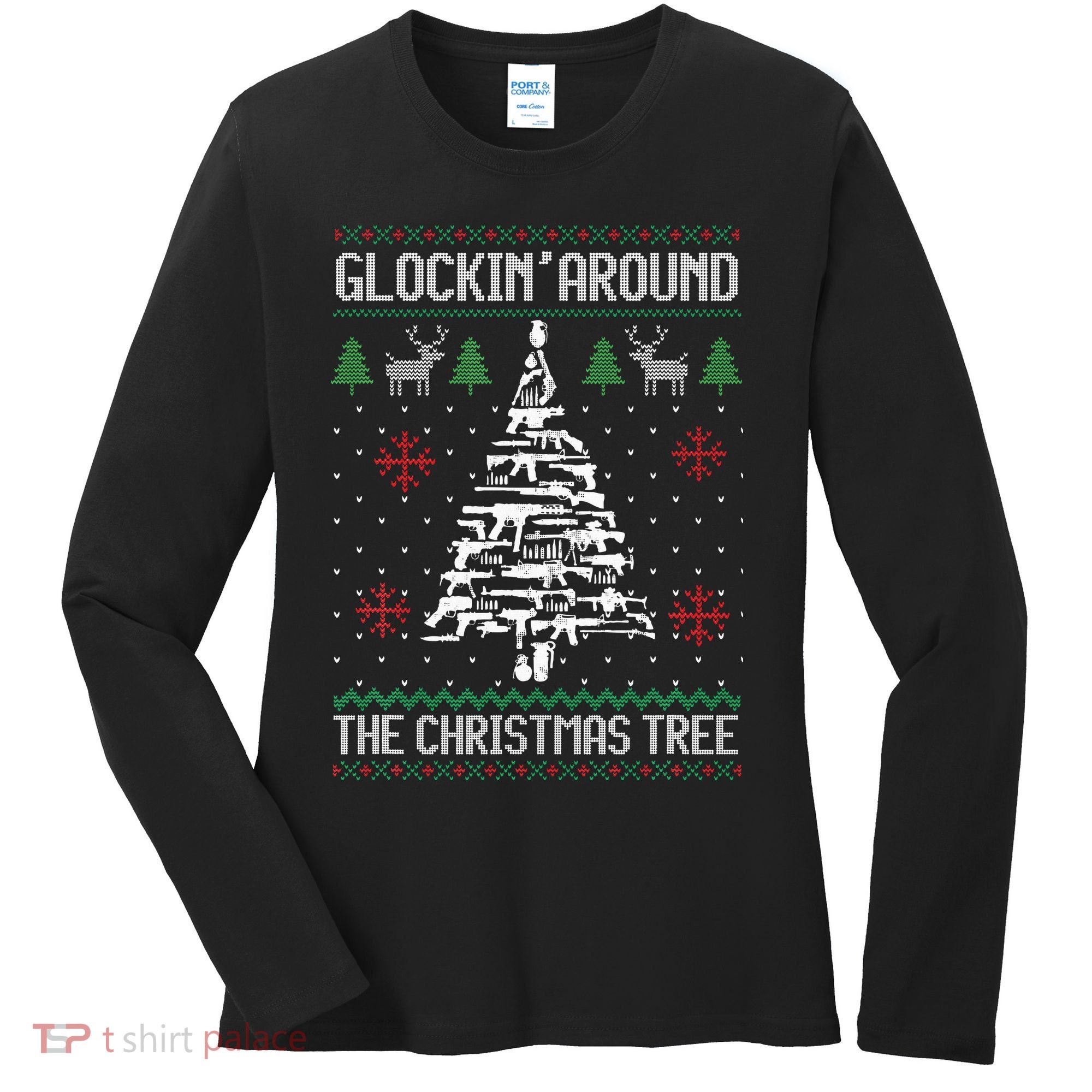 Funny Guns Ugly Christmas Sweaters for Gun Lovers Women's Long Sleeve Shirt