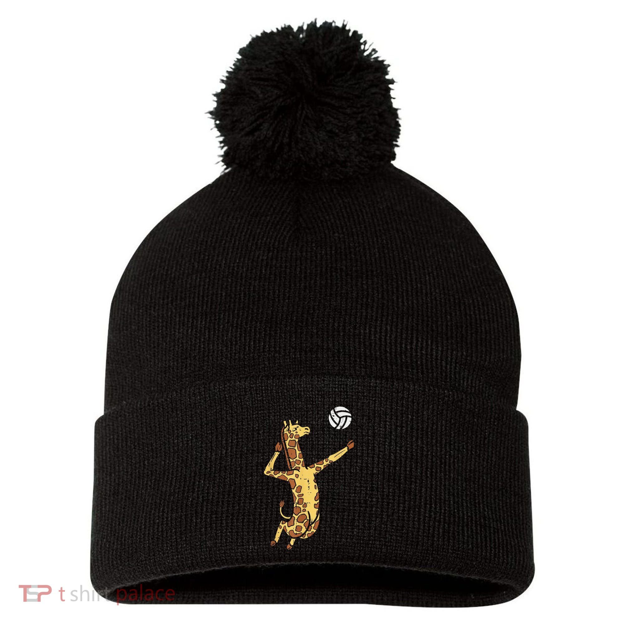 funny Giraffe Volleyball Spike Serve Player Spiker Pom Pom 12in Knit Beanie