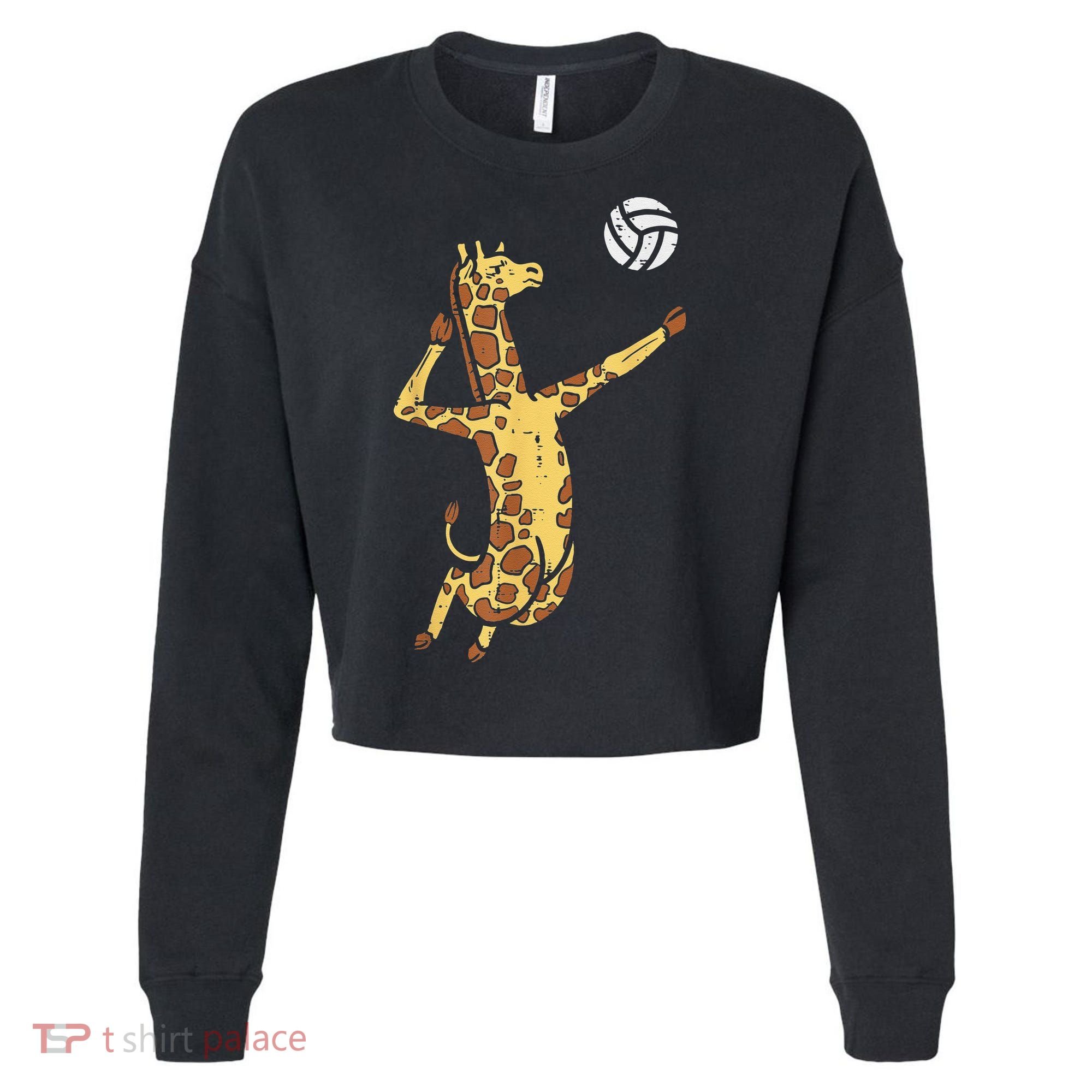 funny Giraffe Volleyball Spike Serve Player Spiker Cropped Pullover Crew