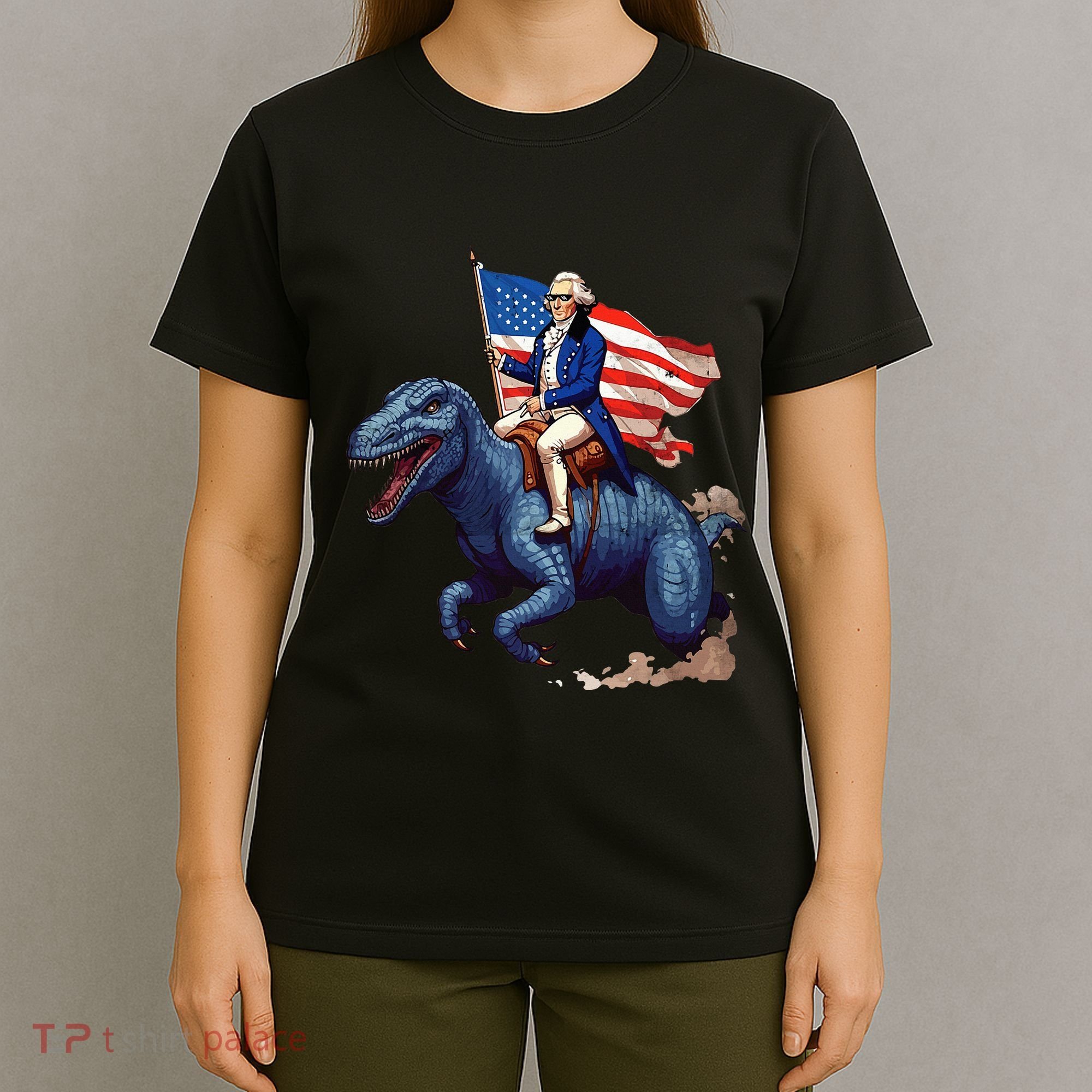 Funny George Washington Riding A Tyrannosaurus Rex Patriotic T-Shirt