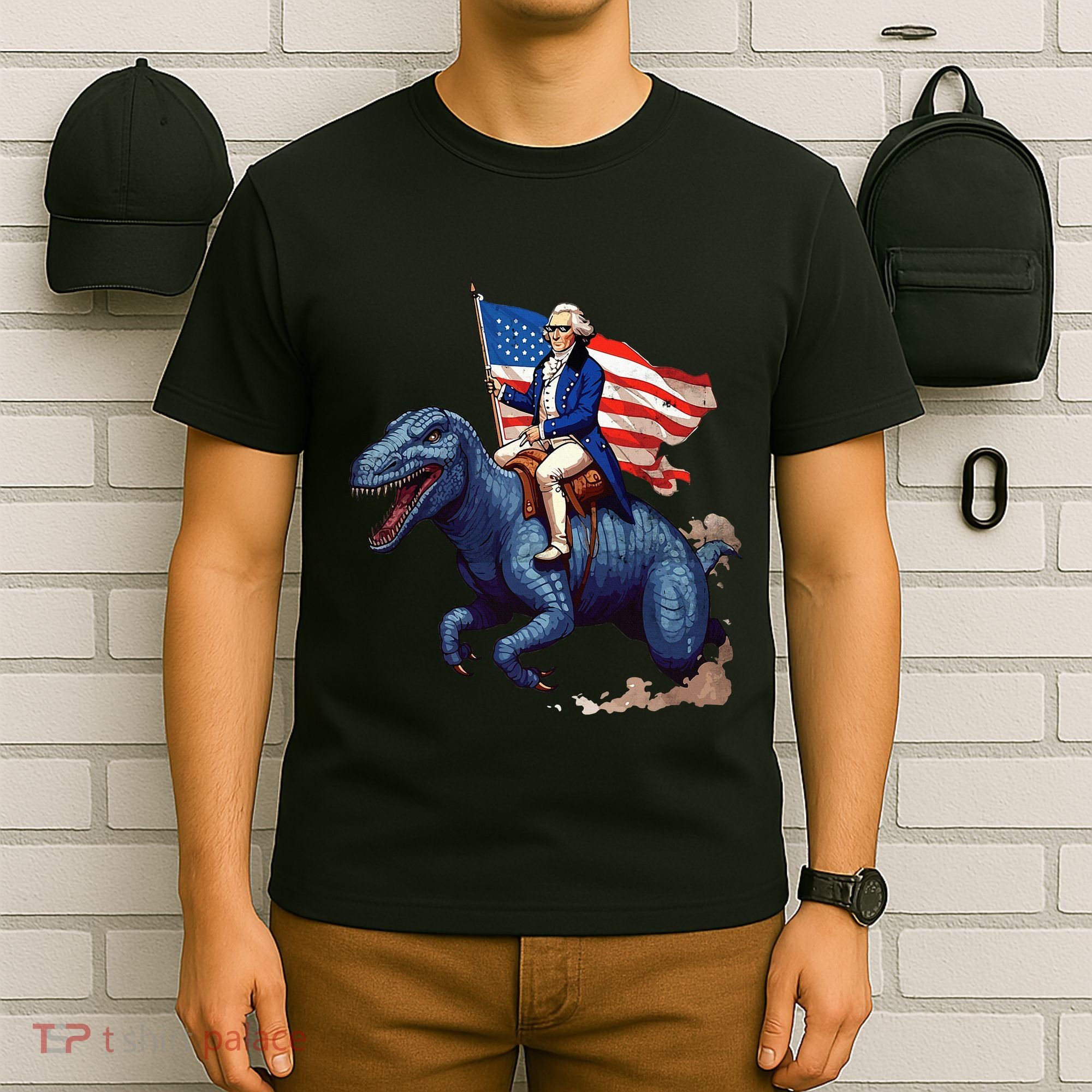 Funny George Washington Riding A Tyrannosaurus Rex Patriotic T-Shirt