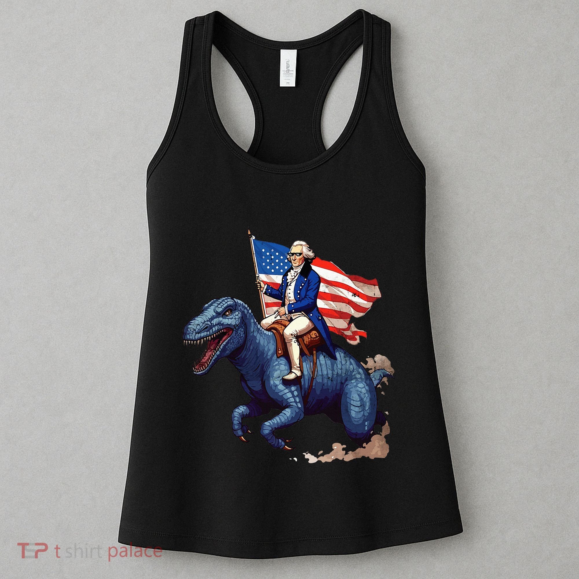 Funny George Washington Riding A Tyrannosaurus Rex Patriotic Women's Tank Top