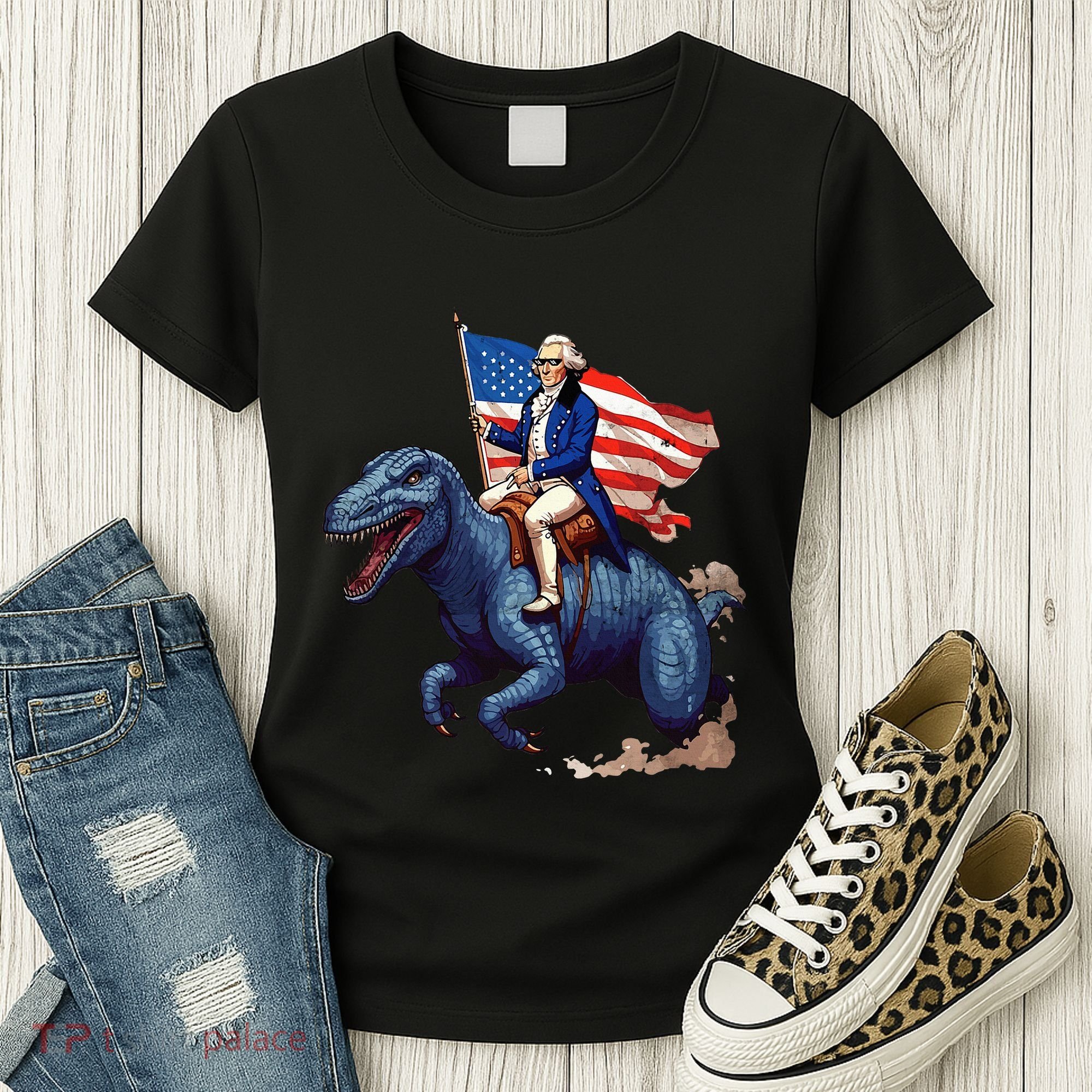 Funny George Washington Riding A Tyrannosaurus Rex Patriotic Women's T-Shirt