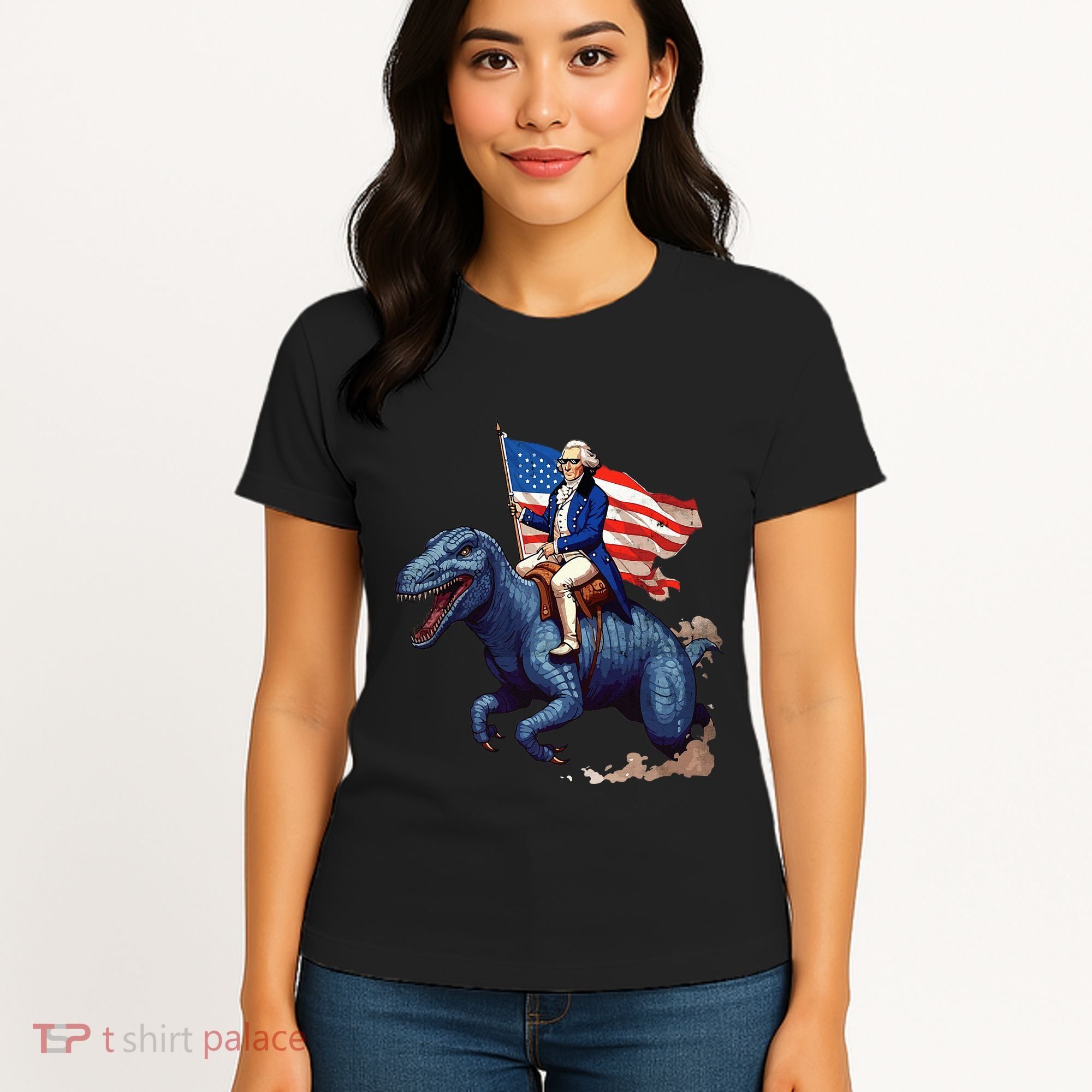 Funny George Washington Riding A Tyrannosaurus Rex Patriotic Women's T-Shirt