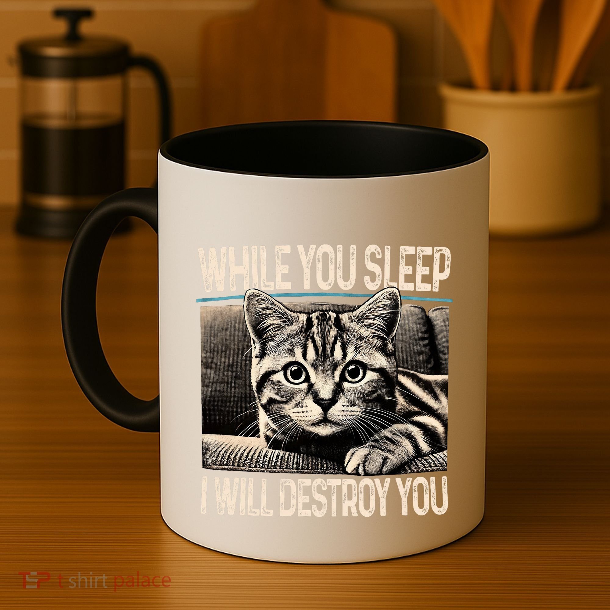 Funny Graphic While You Sleep I Will Destroy You Cat Coffee Mug