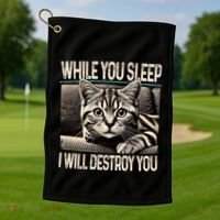 Funny Graphic While You Sleep I Will Destroy You Cat Golf Towel thumb 1