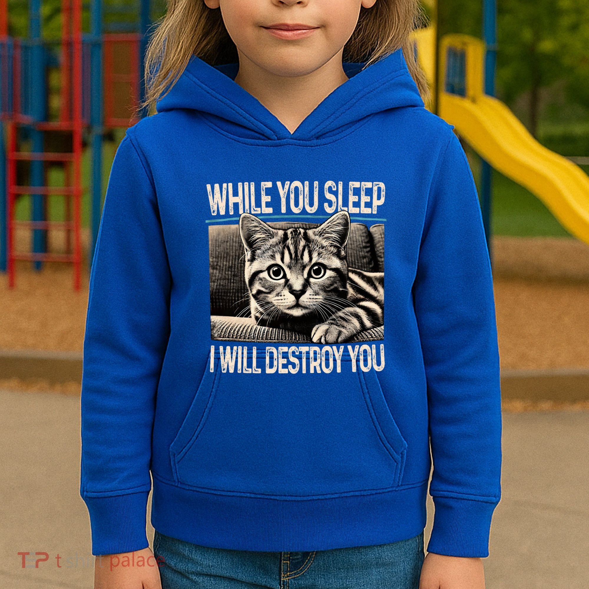 Funny Graphic While You Sleep I Will Destroy You Cat Kids Hoodie