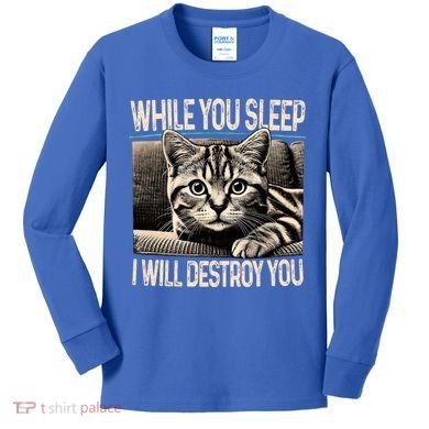 Funny Graphic While You Sleep I Will Destroy You Cat Kids Long Sleeve Shirt