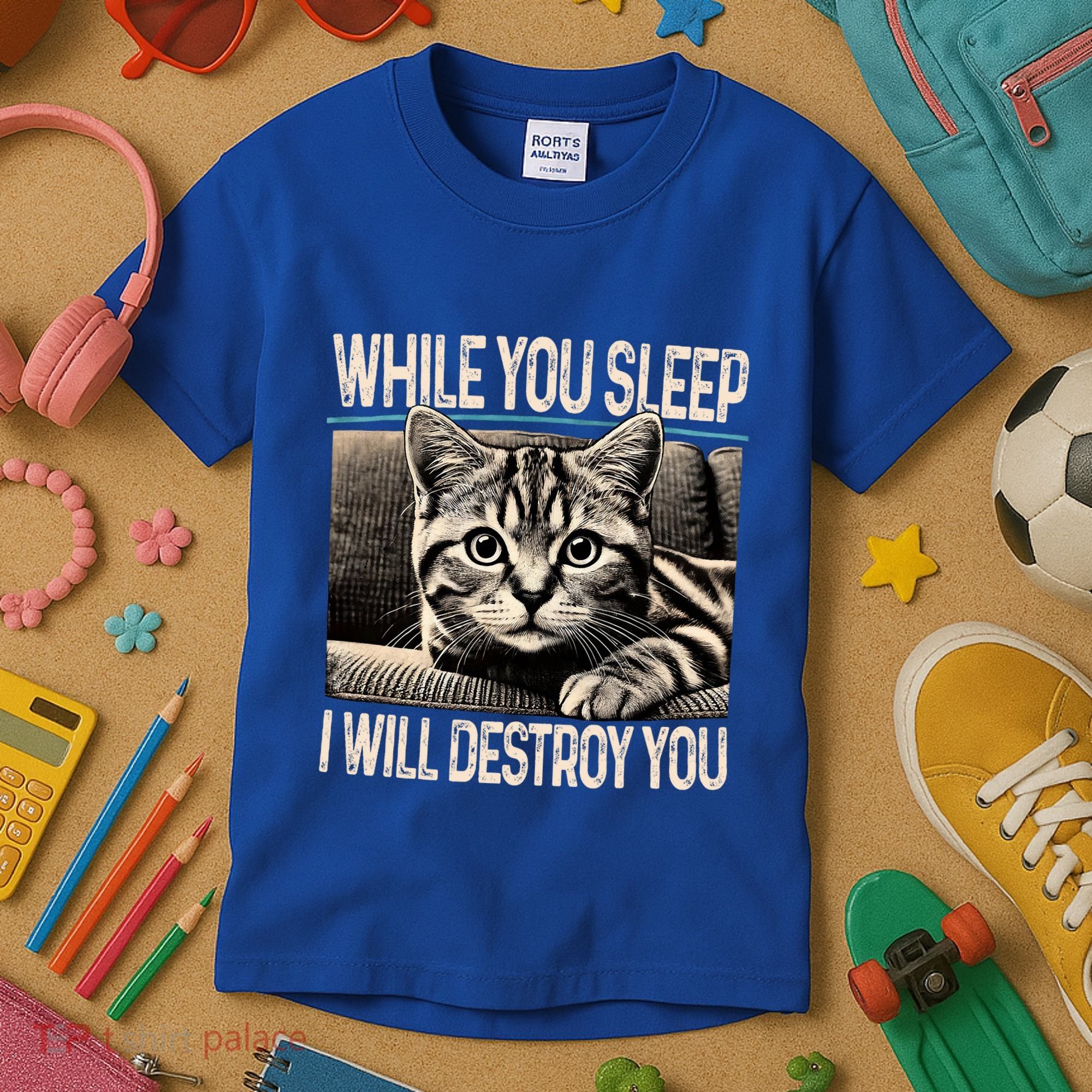Funny Graphic While You Sleep I Will Destroy You Cat Kids T-Shirt