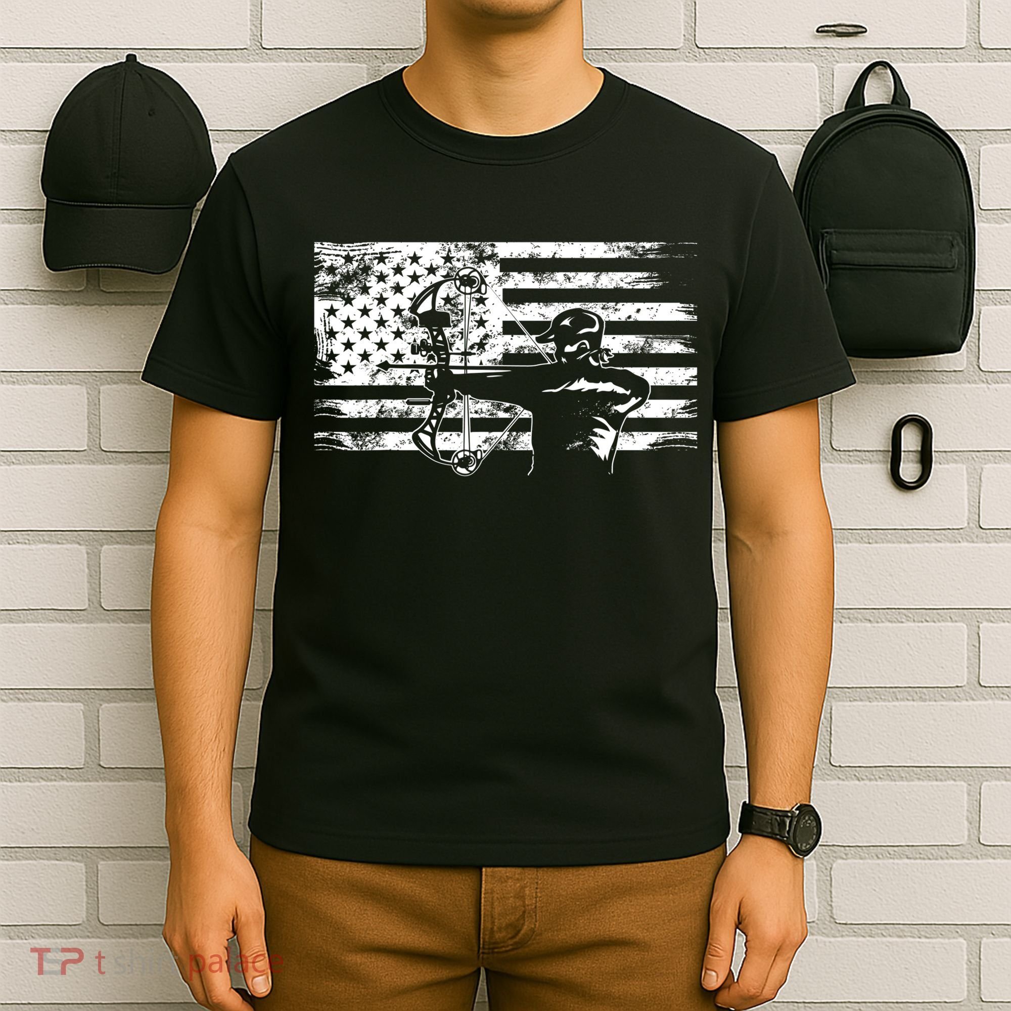 Funny Hunting Archer American Flag Gift Bowhunting Gift For Hunters Men T-Shirt