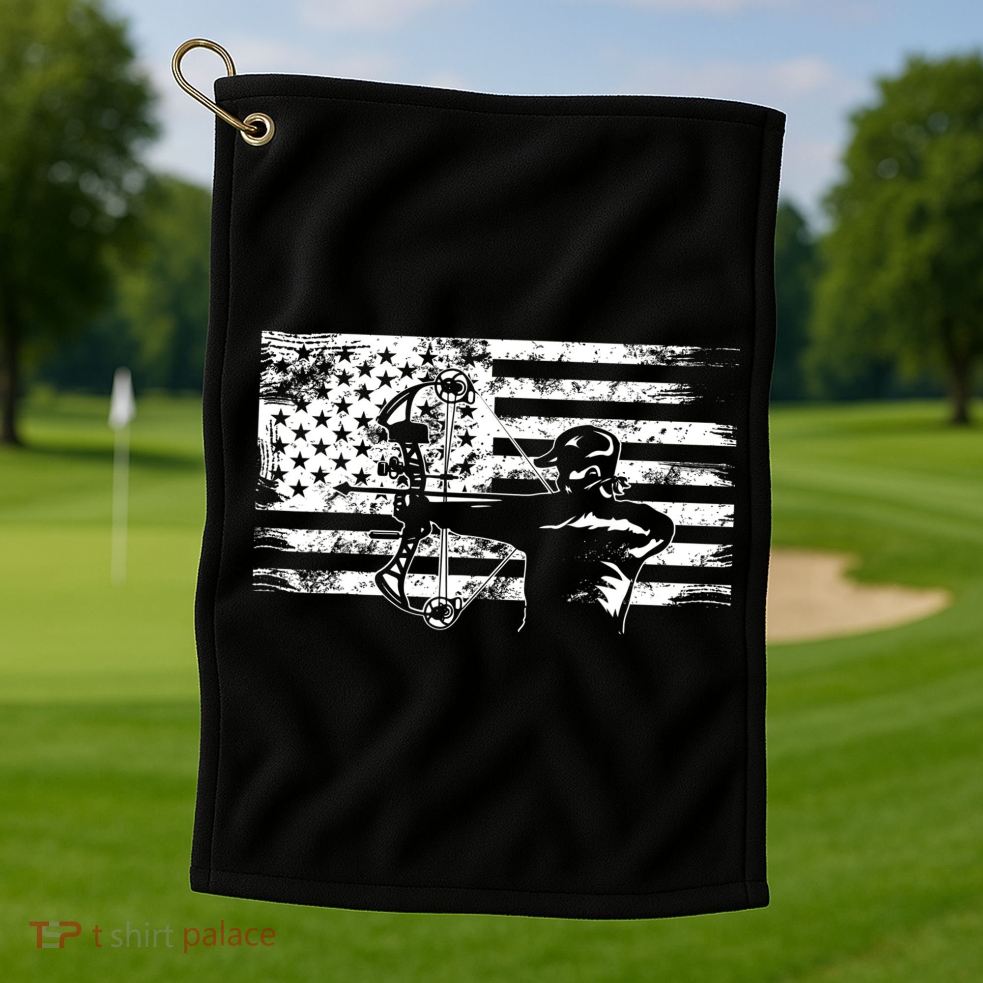 Funny Hunting Archer American Flag Gift Bowhunting Gift For Hunters Men Golf Towel