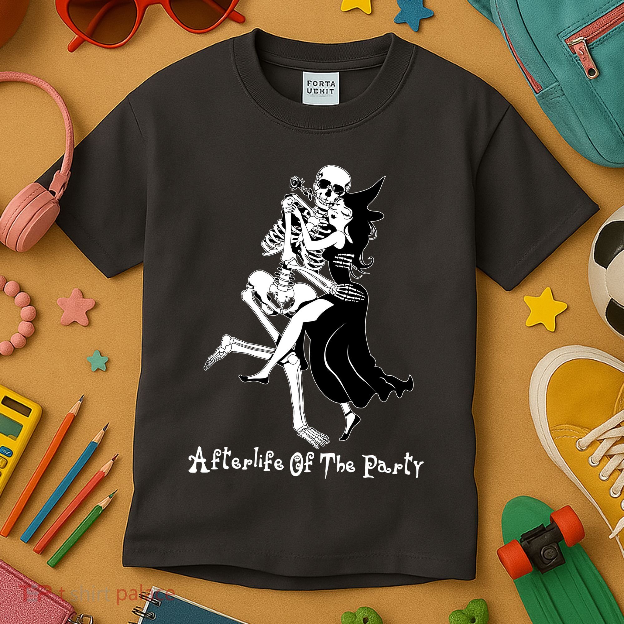 Funny Halloween Afterlife Of The Party Skeleton And Witch Kids T-Shirt