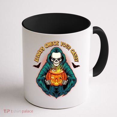 Funny Halloween Always Check Your Candy Skeleton Coffee Mug back
