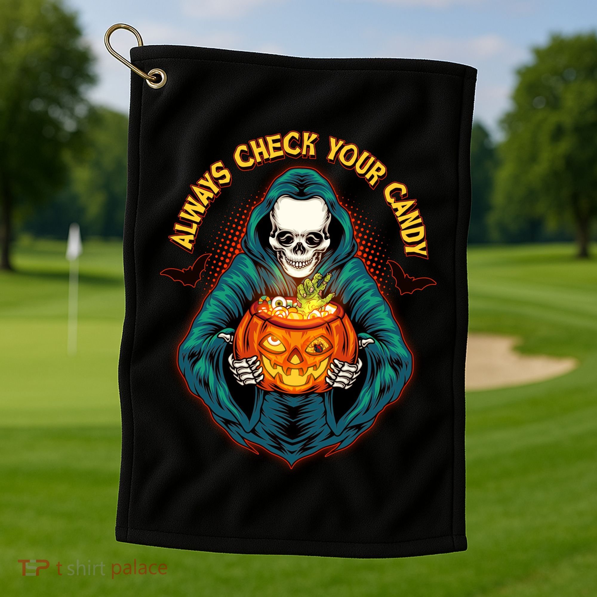 Funny Halloween Always Check Your Candy Skeleton Golf Towel