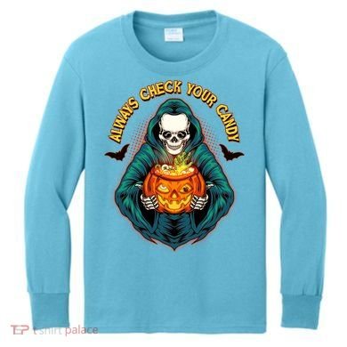 Funny Halloween Always Check Your Candy Skeleton Kids Long Sleeve Shirt