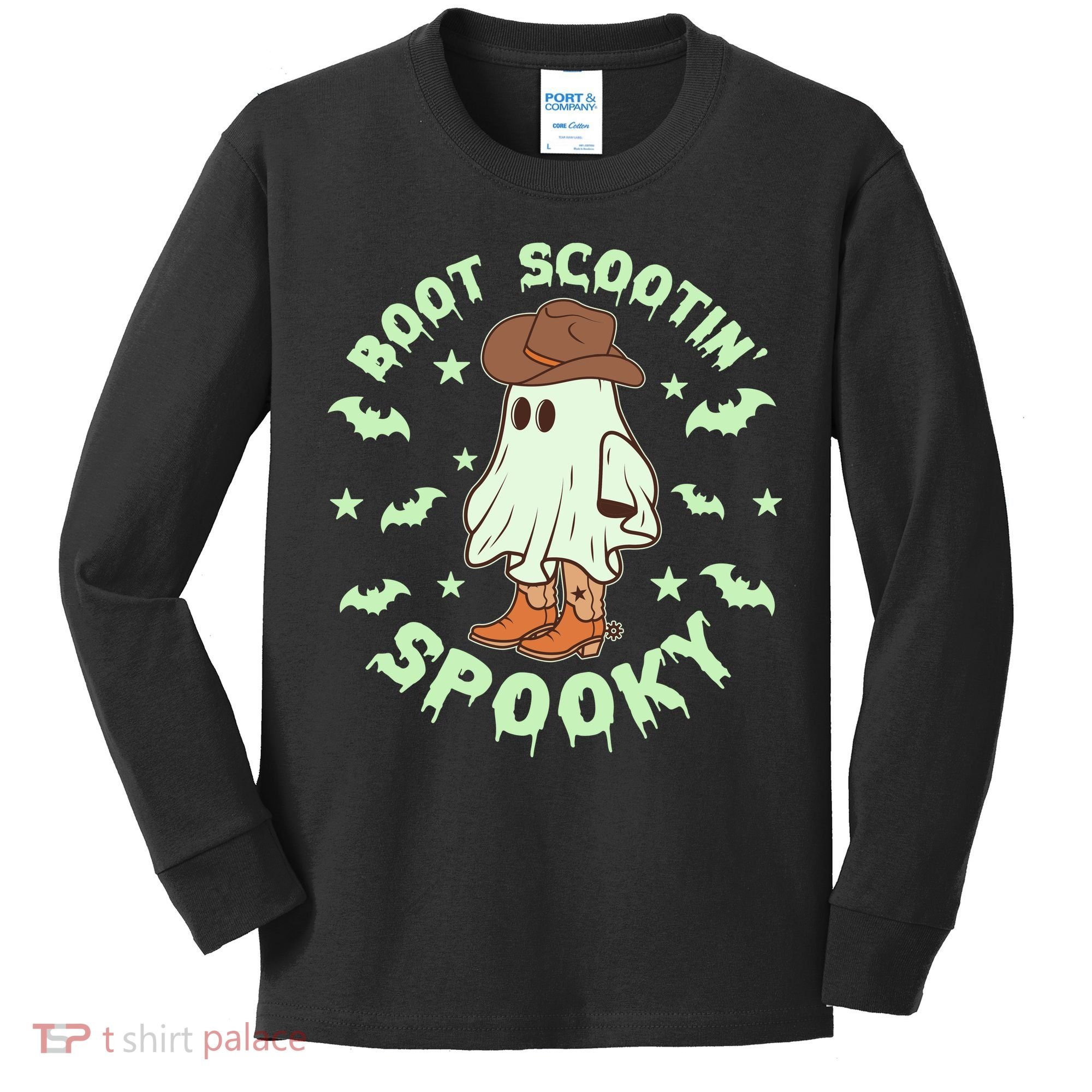 Funny Halloween Boot Scootin Spooky Cowboy Ghost Kids Long Sleeve Shirt
