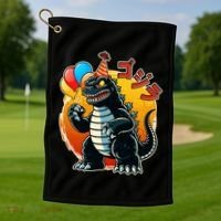 Funny Happy Birthday Japanese Kaiju Monster Golf Towel thumb 1