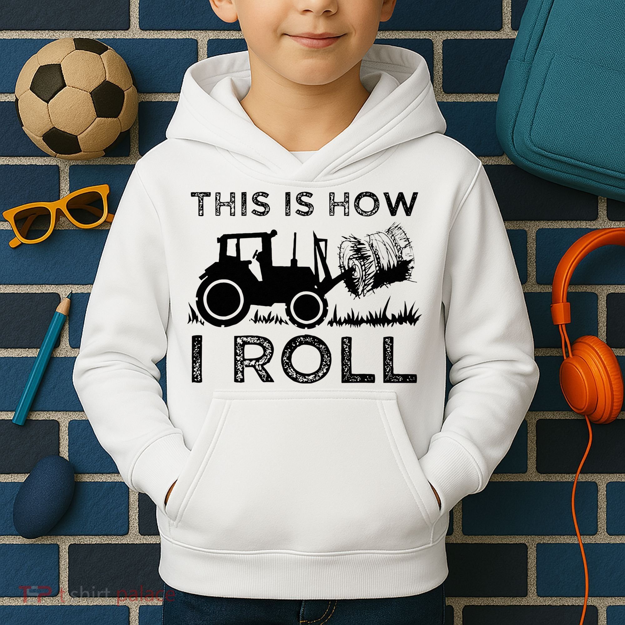 Funny Hay Bale How I Roll Gift Cool Farmer Tractor Driver Kids Hoodie