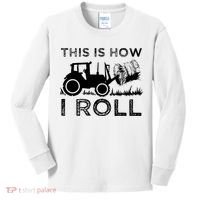 Funny Hay Bale How I Roll Gift Cool Farmer Tractor Driver Kids Long Sleeve Shirt thumb 0