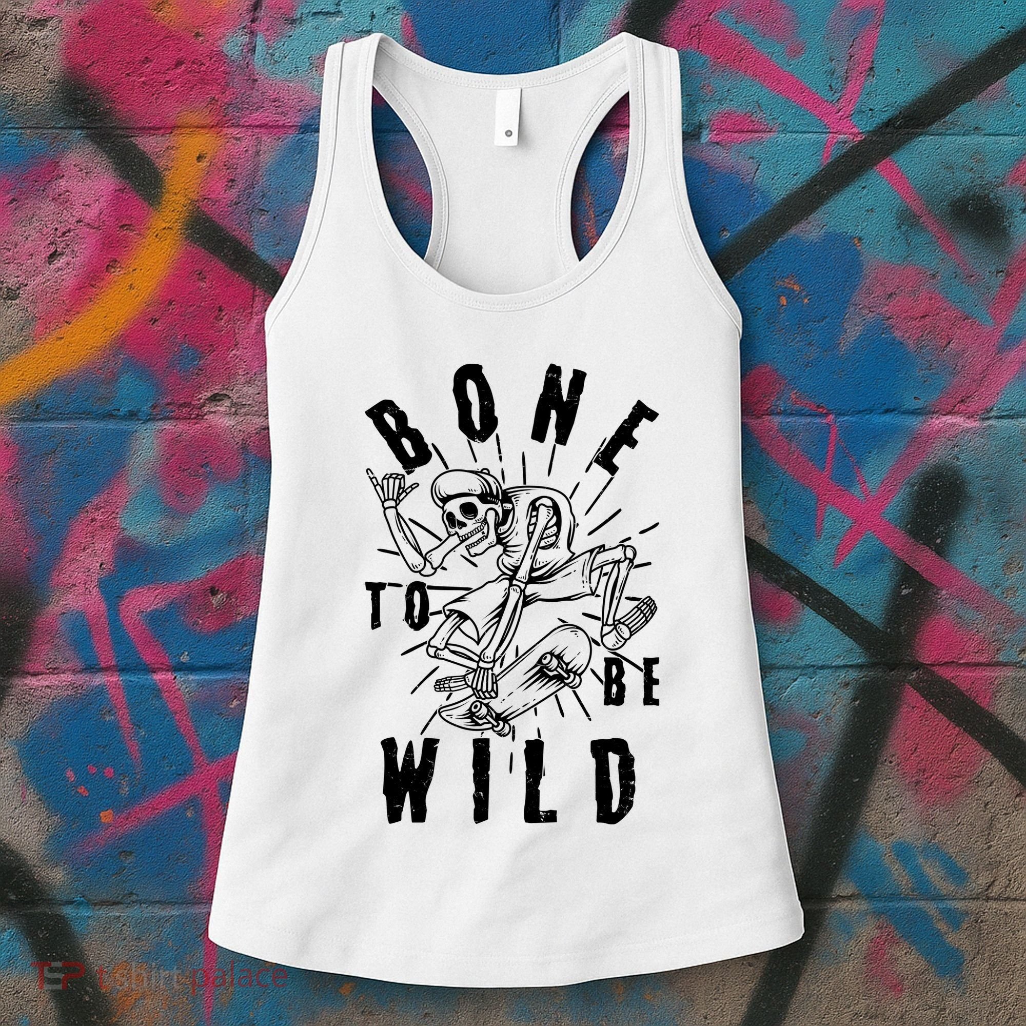 Funny Halloween Bone To Be Wild Skateboarding Skeleton Women's Tank Top