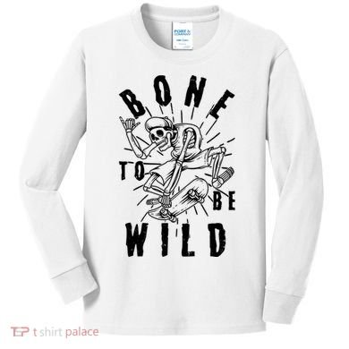 Funny Halloween Bone To Be Wild Skateboarding Skeleton Kids Long Sleeve Shirt